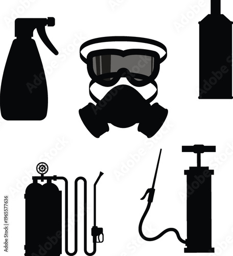 Set of Black Silhouettes: Safety Equipment and Sprayers for Pest Control and Cleaning Vector Illustration