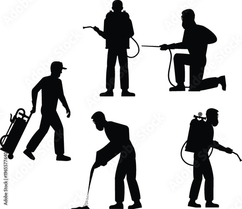 Pest Control Worker Silhouettes with Sprayers and Equipment Vector Illustration