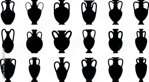 Ancient amphora and vase silhouette vector set featuring classic Greek vases in various styles, black silhouette illustrations isolated on white background