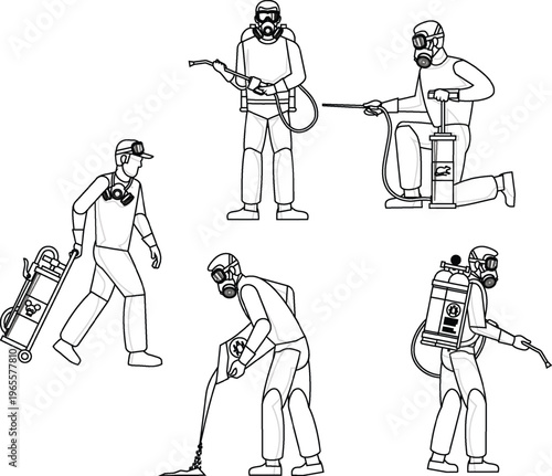 Pest Control Worker Set: Safety Gear, Spraying, Cleaning, and Transporting Equipment Vector Illustration