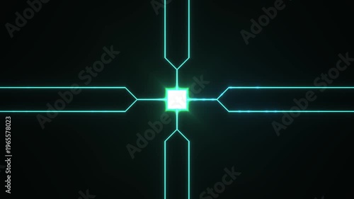 Abstract Geometric Pattern with Neon Blue Lines and Glowing Center on Black Background