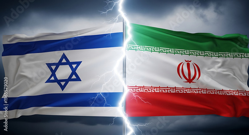 The flags of Israel and Iran waving in the wind with lightning