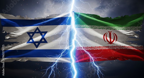 A dramatic image of the Israeli and Iranian flags with a lightning bolt