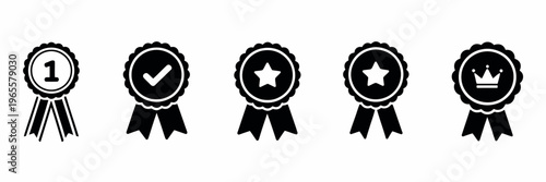 Verified badge icon set featuring tick and check mark symbols, representing approved profiles, guaranteed quality, certification, and verification, vector illustration