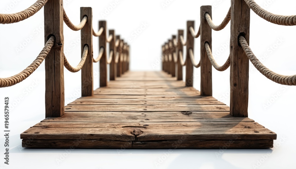 Obraz premium Narrow wooden walkway with thick rope railings recedes into distance. Aged planks form a rustic path with spaced posts and sturdy supports. Clean white background isolates the textured construction.