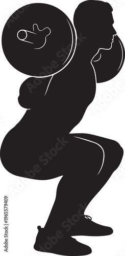 A black silhouette of a man doing a back squat with a weight