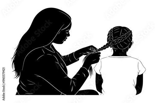 Foster Mother Braiding Daughter Hair Belonging Care Domestic Life Orphanage Black Vector Silhouette