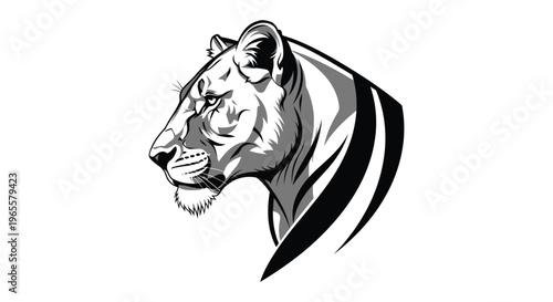 Stylized black and white lioness head in profile view illustration