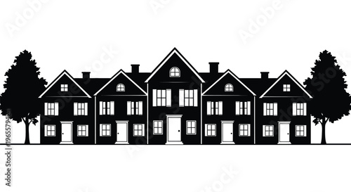 Vector illustration of a row of houses with trees in a suburban setting design