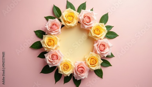 Soft pink and yellow roses arranged in circle. Green leaves surround floral border. Pastel flowers on plain background offer copy space. Gentle beauty for design.