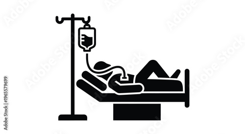 Vector graphic illustration of a person receiving an intravenous drip in a hospital bed setting