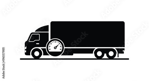 Vector graphic illustration of a speeding truck with a large speedometer on the side in black and white