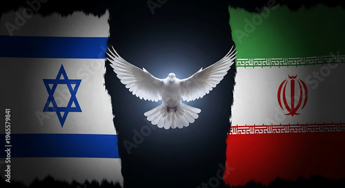 A white dove flies between the flags of Israel and Iran symbolically