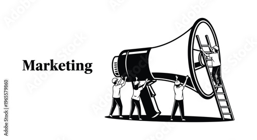 Marketing team working together to amplify message with a large megaphone illustration