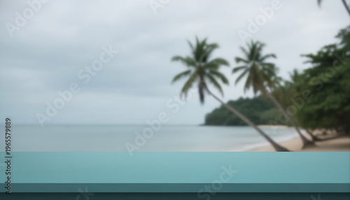 Blurred tropical beach background with palm trees and ocean horizon