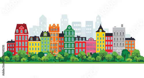 Colorful cityscape with vibrant buildings and lush greenery in the foreground