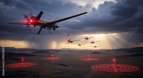 A group of drones flying in formation over a desert landscape at sunset