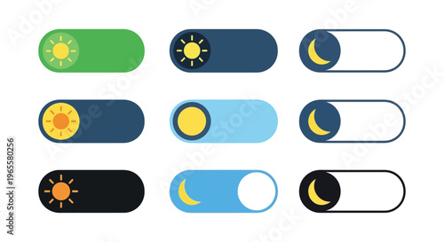Colorful vector toggle switch buttons with sun and moon icons for day and night settings in graphic design