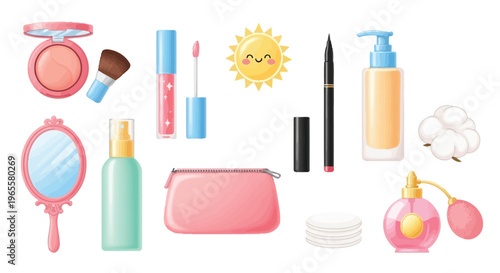 An assortment of various beauty and cosmetic products, including makeup, skincare items, and accessories, displayed on a clean white background.