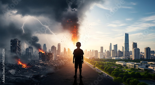 A young boy stands alone in a desolate cityscape amidst destruction and chaos