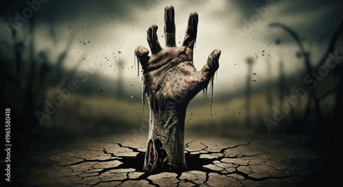 Creepy Zombie Hand Emerging from Cracked Earth
