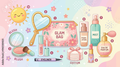 A charming illustration of various beauty and makeup products, including a glam bag, blush, mirror, and perfume, on a soft pastel background.