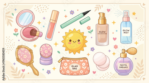 A charming collection of kawaii-style makeup and beauty products, including blush, lip gloss, foundation, perfume, and accessories, set against a whimsical background.