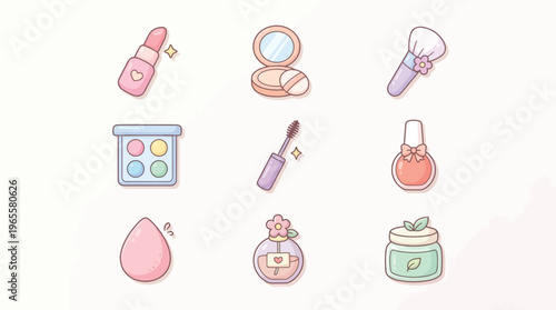 Cute pastel cartoon beauty and makeup icons set including lipstick, powder, brush, eyeshadow, mascara, nail polish, sponge, perfume, and cream.