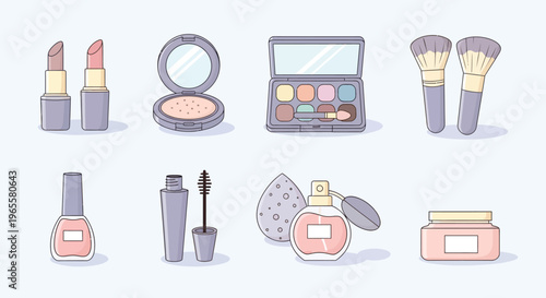 A collection of various cosmetic products and makeup tools, including lipstick, powder, eyeshadow, brushes, nail polish, mascara, perfume, and face cream.