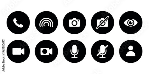 Website interface button icon set featuring phone call, photo camera, user pictogram, microphone mute, and video call symbols, vector illustration for apps and UI design