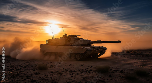 A military tank drives through a desert landscape during a vibrant sunset