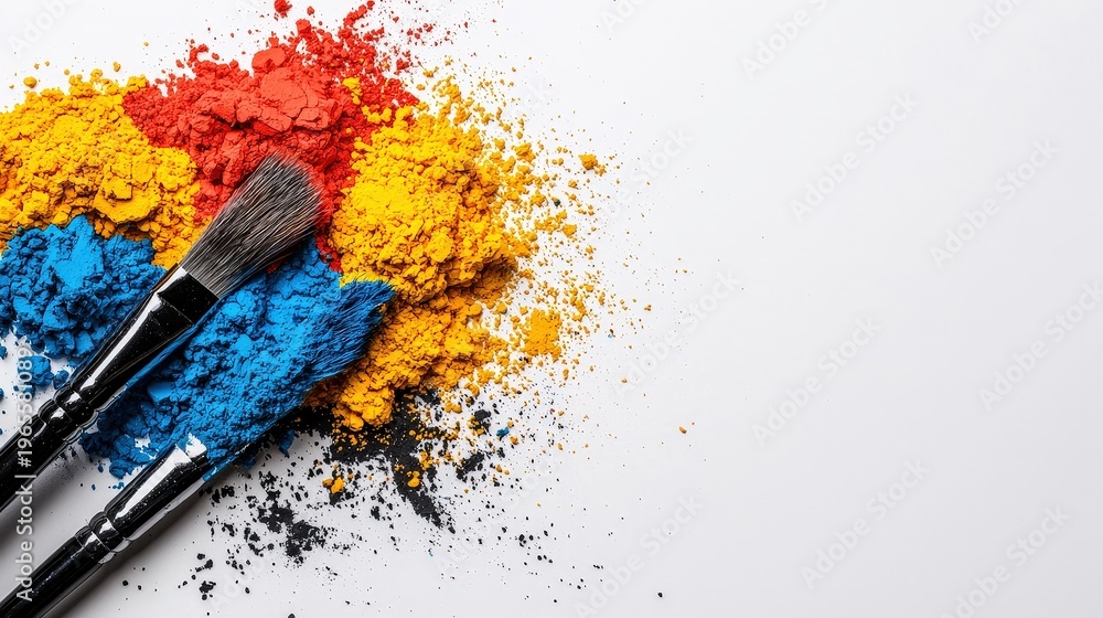 Fototapeta premium Vibrant Color Powders with Brushes on a Bright White Background