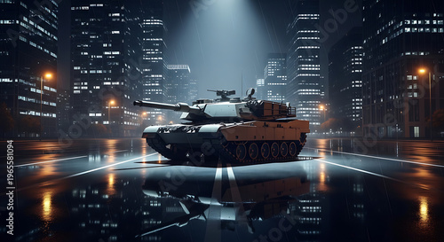 A military tank stands alone in a dark and deserted cityscape at night