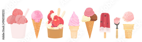 Bild auf Leinwand Vector illustration set of cartoon strawberry ice cream scoop in waffle cone, bowl and paper cup