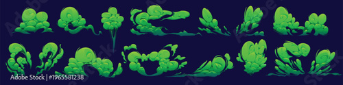 Set of cartoon green smoke clouds, toxic gas or poison vapor effects