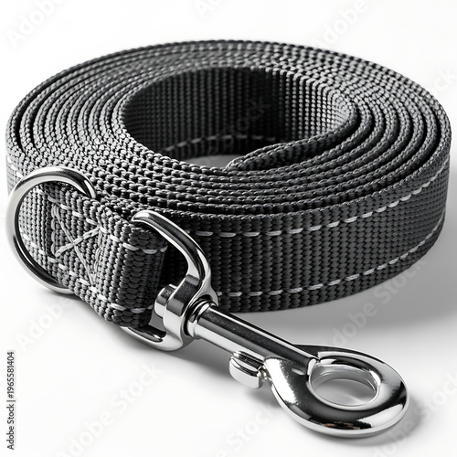 A coiled black dog leash with a silver clasp on a white background