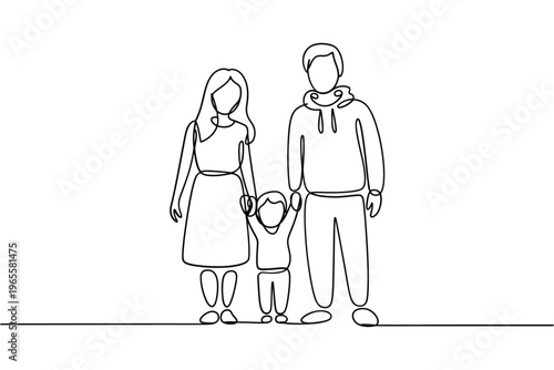 Continuous line drawing of a family mother father and young child