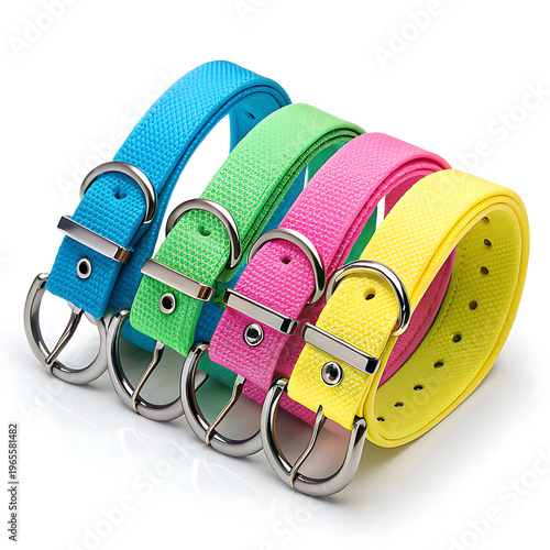 A collection of colorful dog collars with silver buckles and rings