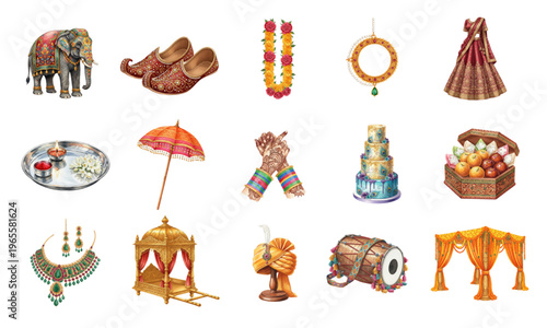 Indian wedding traditional watercolor elements and ceremony set