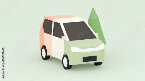 Colorful Geometric Car with Paper-Like Texture and Green Tree