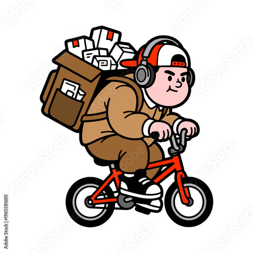 Cartoon delivery boy riding a bicycle with a large backpack of packages