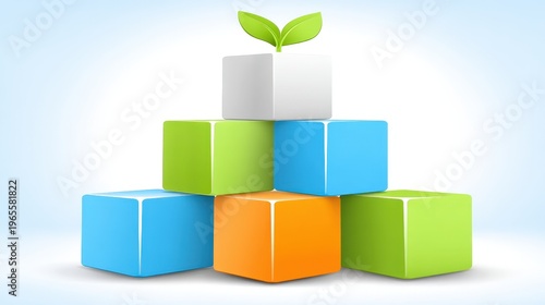 Colorful Building Blocks with a Green Leaf Growing Concept