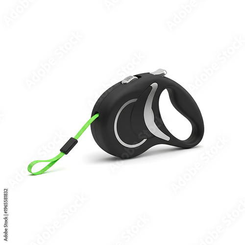 A black and green retractable dog leash on a white background