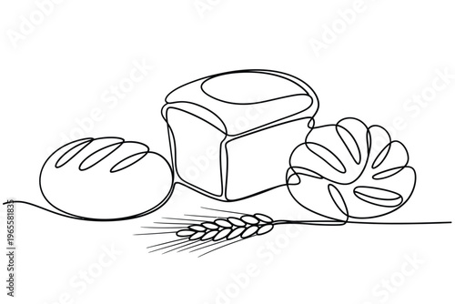 Minimalist line drawing of bread loaves and wheat stalks
