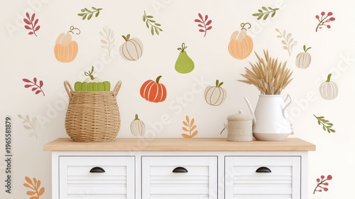 Cozy Autumn Decor with Decorative Pumpkins and Leaves on Walls
