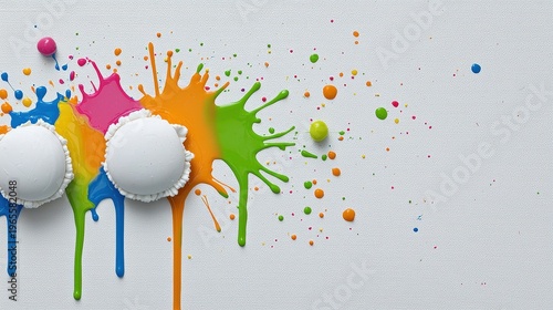 Colorful Paint Splashes and Droplets on White Background with Caps