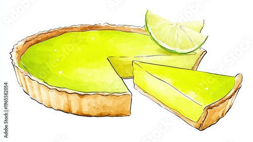 Fresh Key Lime Pie with a Slice and Lime Wedge on White Background