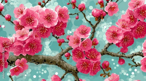 Vibrant Pink Cherry Blossom Flowers Against Soft Blue Background