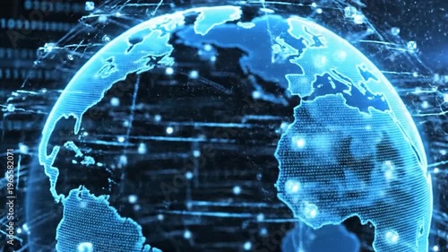 A glowing digital representation of the planet Earth, surrounded by interconnected nodes and data streams, symbolizing global connectivity