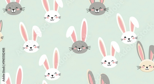Pastel bunny faces pattern on mint green background for easter decorations and kids' party themes